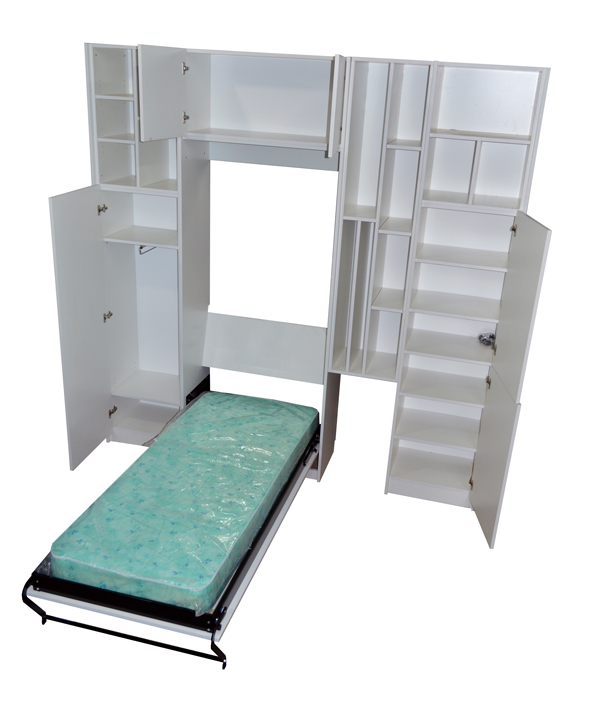 Mueble placard con cama plegable rebatible en melamina blanca para colchón de 1 plazas y con módulo lateral placard completo con barral extensible, cajoneras, sistema tiré, y baulera superior hasta techo 3