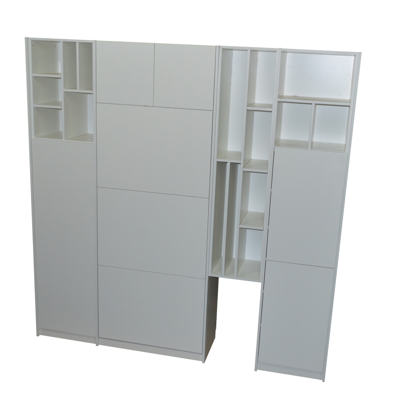 Mueble placard con cama plegable rebatible en melamina blanca para colchón de 1 plazas y con módulo lateral placard completo con barral extensible, cajoneras, sistema tiré, y baulera superior hasta techo |1