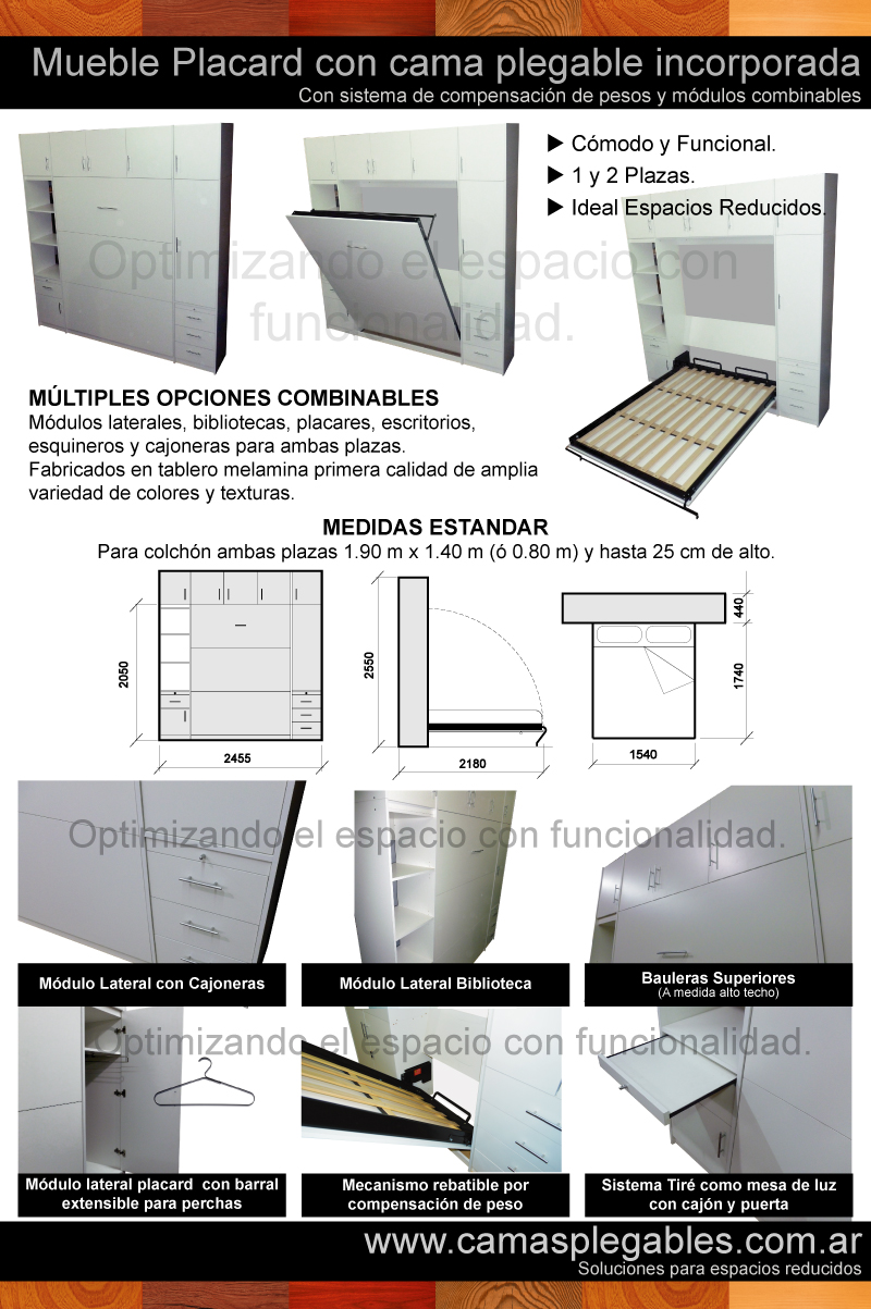 Mueble placard con cama rebatible para 1 y 2 plazas.