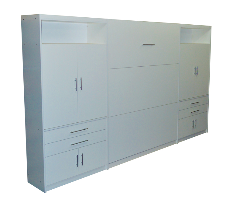 Mueble placard con cama rebatible para 1 y 2 plazas en melamina blanca con módulos laterales y bauleras 1