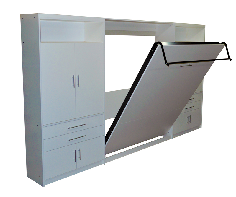 Mueble placard con cama rebatible para 1 y 2 plazas en melamina blanca con módulos laterales y bauleras 2 
