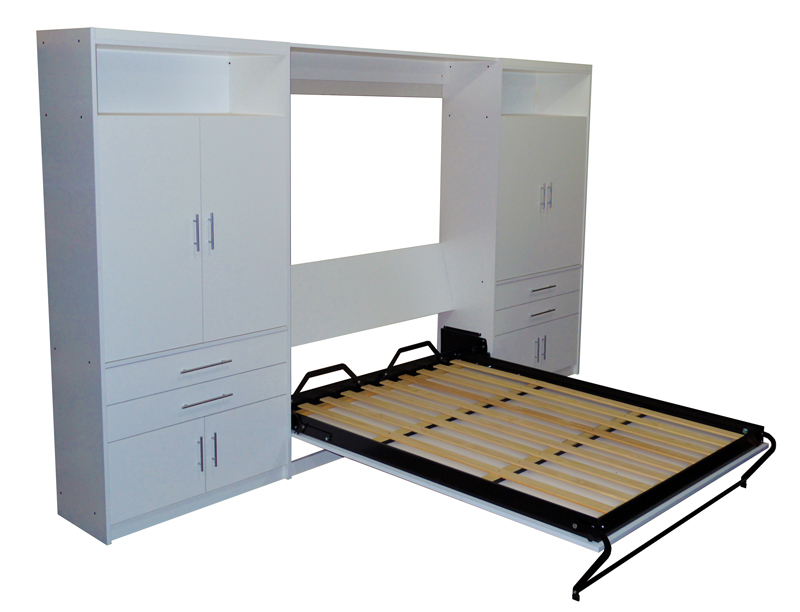 Mueble placard con cama rebatible para 1 y 2 plazas en melamina blanca con módulos laterales y bauleras 3