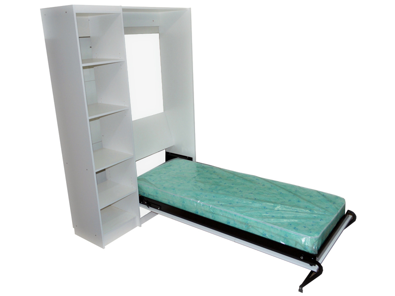 Mueble infantil cama plegable rebatible incorporada en melamina blanca para colchón una plaza con biblioteca lateral 3