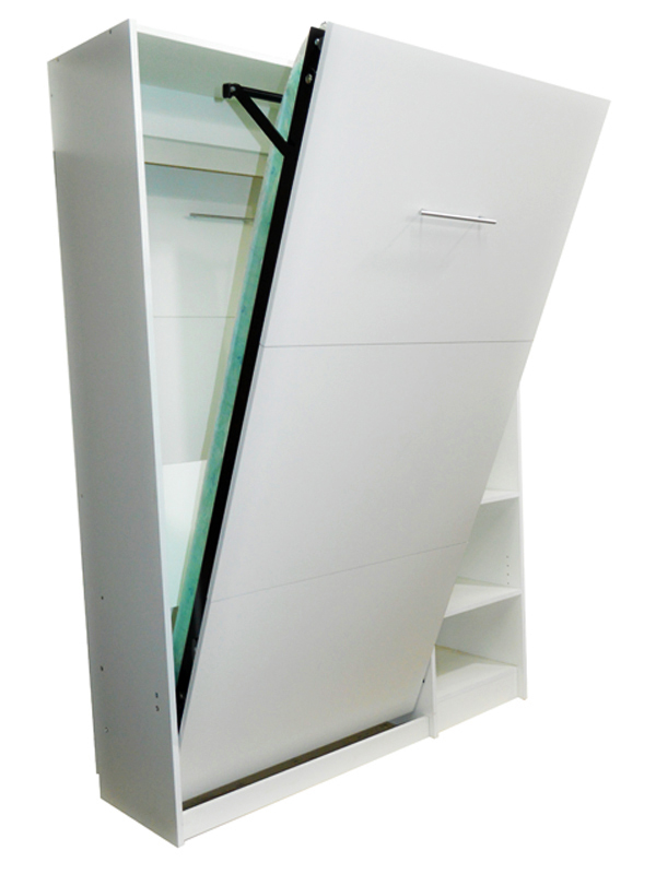 Mueble infantil cama plegable rebatible incorporada en melamina blanca para colchón una plaza con biblioteca lateral 2