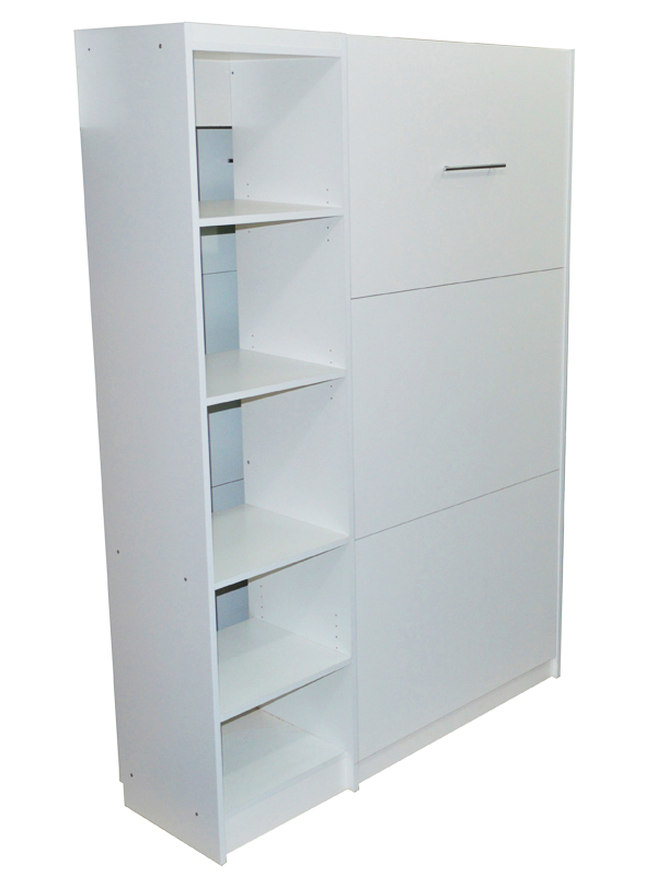 Mueble infantil cama plegable rebatible incorporada en melamina blanca para colchón una plaza con biblioteca lateral 1