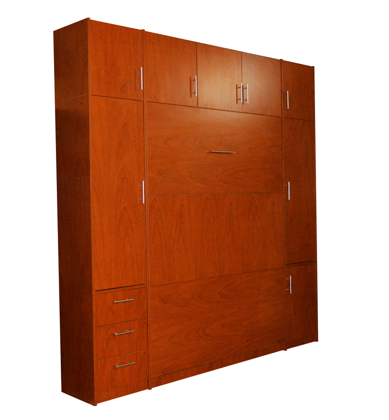 Mueble placard con cama rebatible para 1 y 2 plazas en melamina cedro con módulos laterales y bauleras.