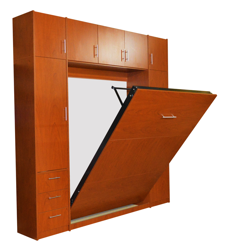 Mueble placard con cama rebatible para 1 y 2 plazas en melamina cedro con módulos laterales y bauleras 2