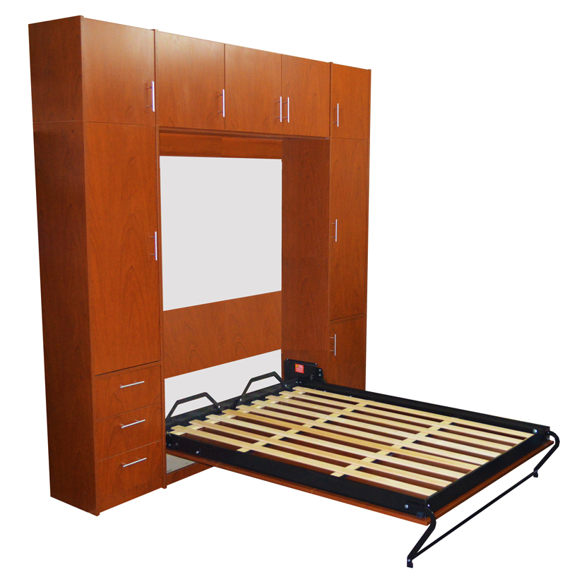 Mueble placard con cama rebatible para 1 y 2 plazas en melamina cedro con módulos laterales y bauleras 3