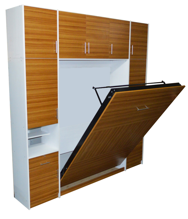 Mueble placard con cama plegable rebatible en melamina combinada para colchón 2 plazas con cajoneras y tiré con puertas, estantes y con baulera superior