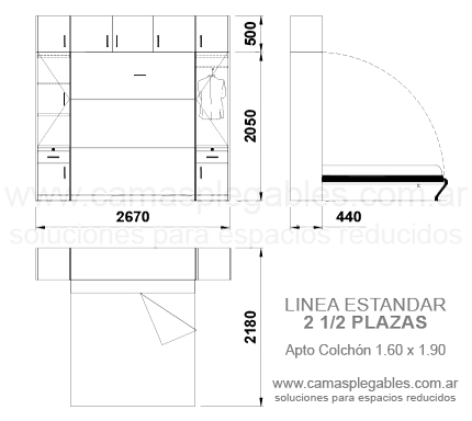 Placard completo con módulos laterales y bauleras superiores con cama 2 1/2 plazas rebatible incorporada -  apto para colchón 1.60 x 1.90