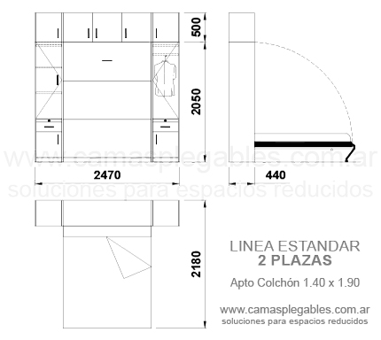 Placard completo con módulos laterales y baulera superior con cama rebatible incorporada 2 plazas - Apto para colchón 1.40 x 1.90