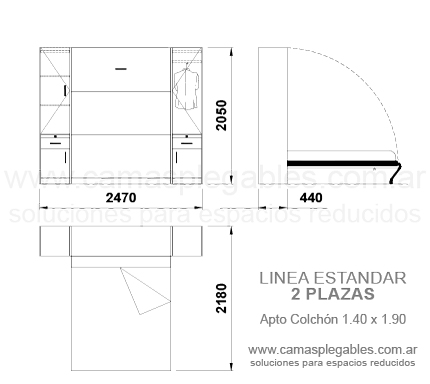 Placard con módulos laterales - sin bauleras - Con cama 2 plazas rebatible incorporada -  apto para colchón 1.40 x 1.90