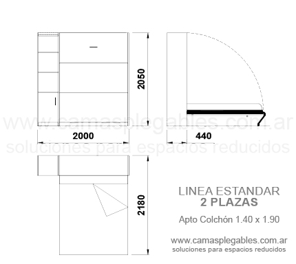 Mueble cama 2 plazas rebatible simple con módulo lateral apto para colchón 1.40 x 1.90