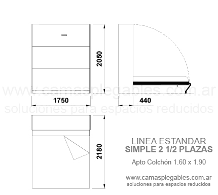 Mueble Cama 2 1/2 Plazas Rebatible Simple Apto Para Colchón 1.60 X 1.90
