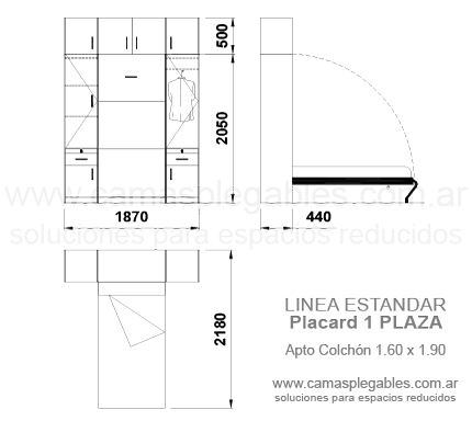 Placard completo con módulos laterales y bauleras superiores con cama 1 plazas rebatible incorporada - apto para colchón 0.80 x 1.90