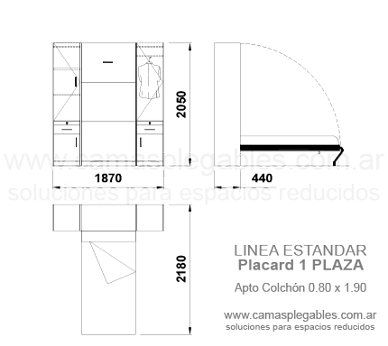 Placard con módulos laterales - sin bauleras con cama 1 plazas rebatible incorporada - apto para colchón 0.80 x 1.90