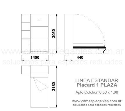Mueble cama 1 plazas rebatible simple con módulo lateral apto para colchón 0.80 x 1.90