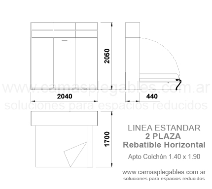 cama 2 plazas rebatible horizontal con módulos superior abierto con estantes 