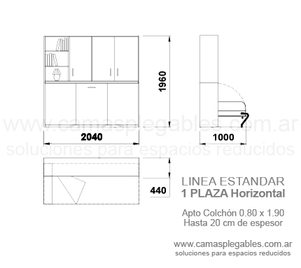mueble cama rebatible horizontal 1 plaza con modulo superior